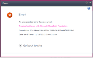 Figure 1: Your typical SharePoint error message. A tiny bit more helpful with the correlation id.